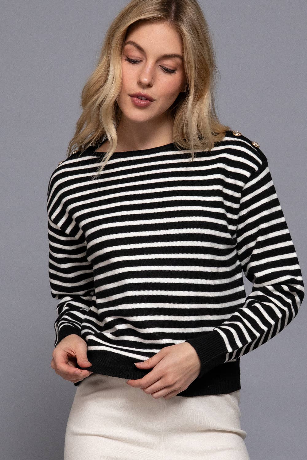Button Shoulder Striped Top in Black (REG)