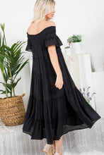 Off Shoulder Tiered Midi Dress in Black (REG)
