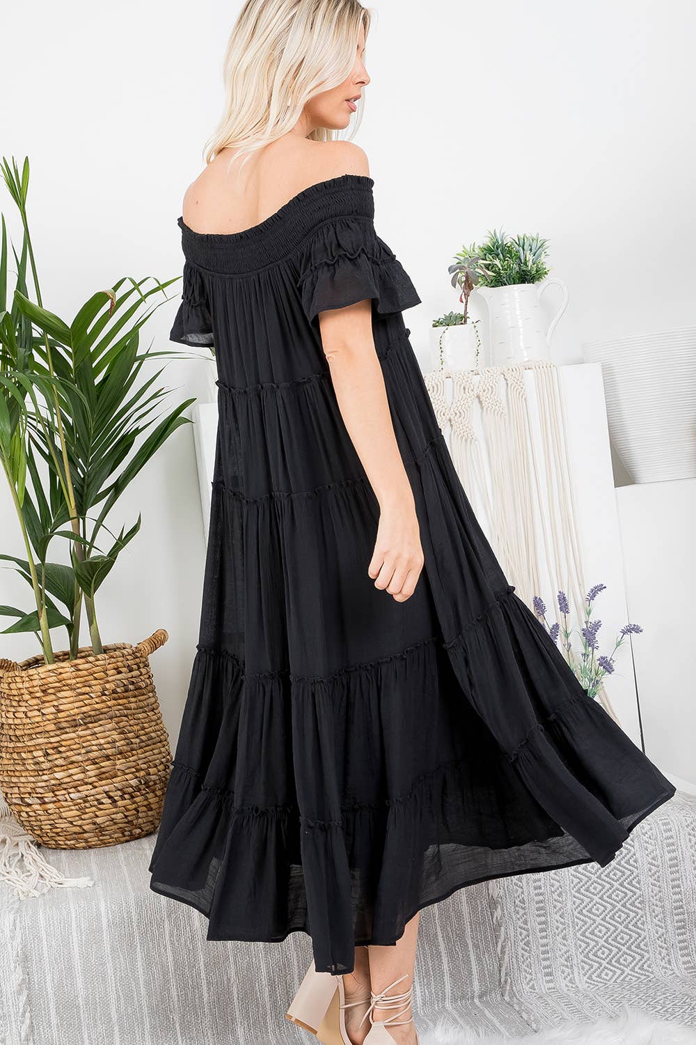 Off Shoulder Tiered Midi Dress in Black (REG)
