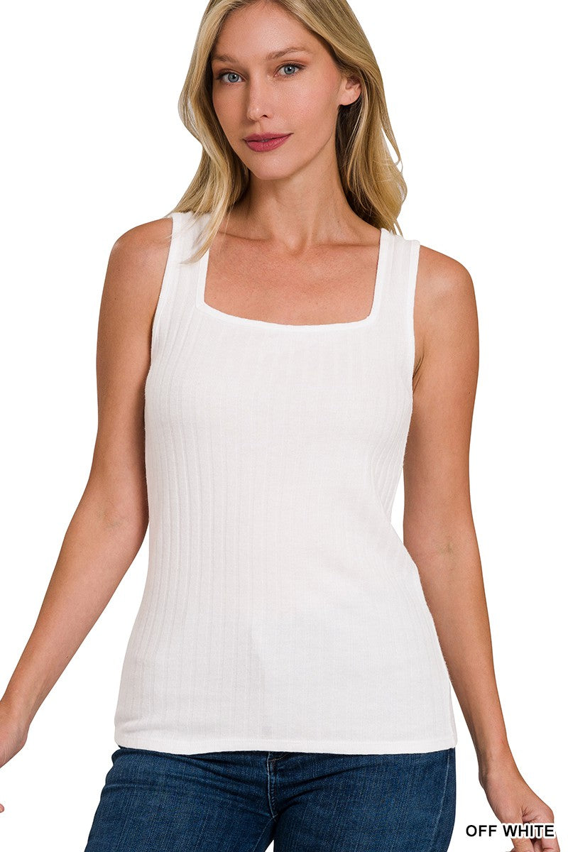 Ribbed Square Tank Top in Off White