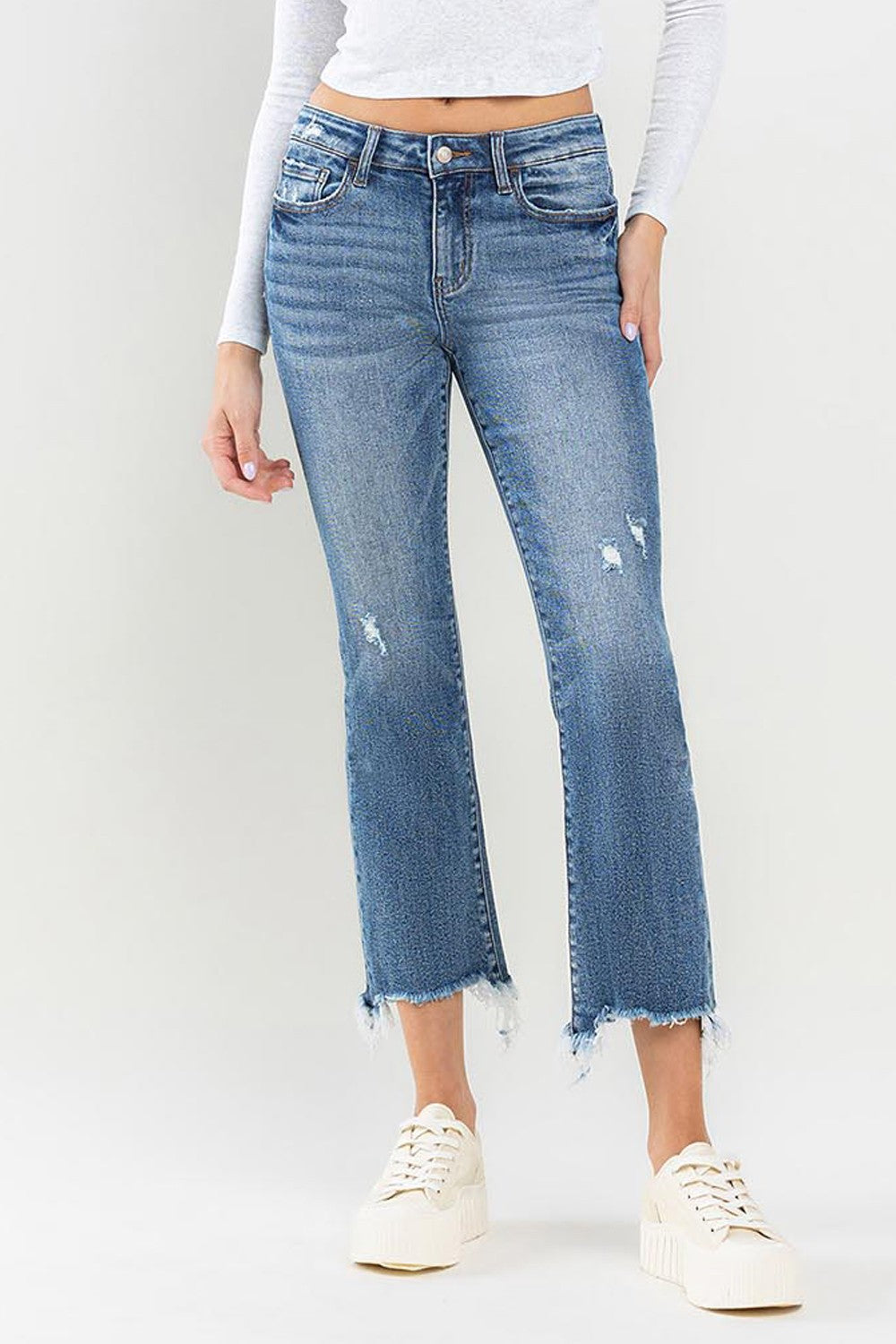 Distressed Mid Rise Ankle Bootcut Jeans (Loveret)