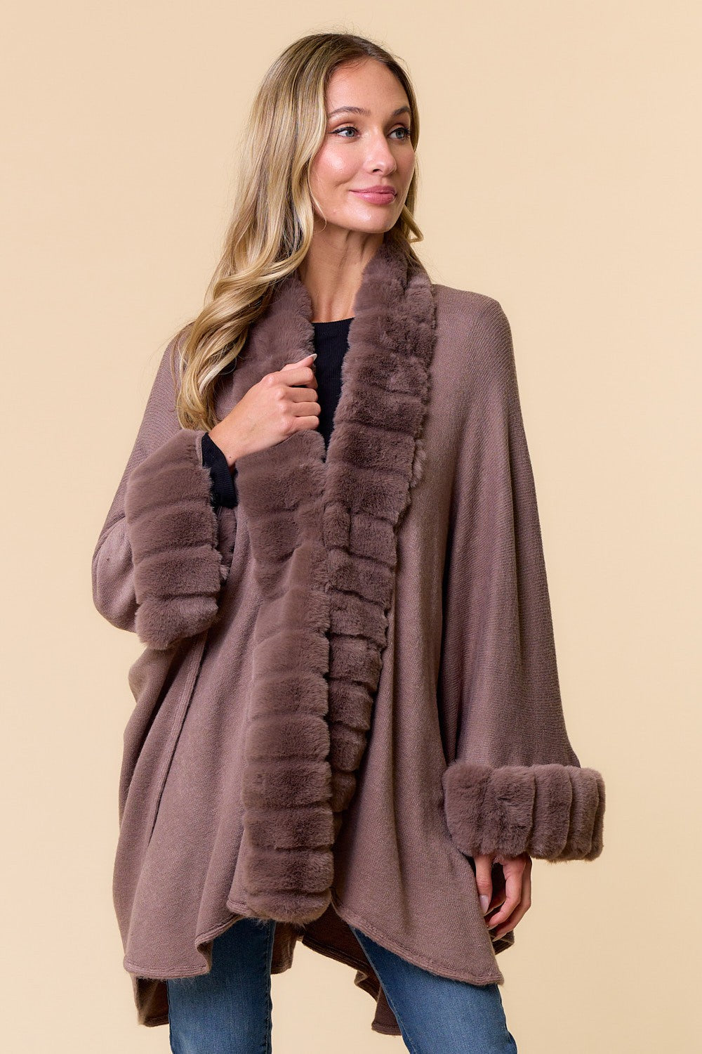 Faux Fur Trim Cape Coat in Mocha (REG)