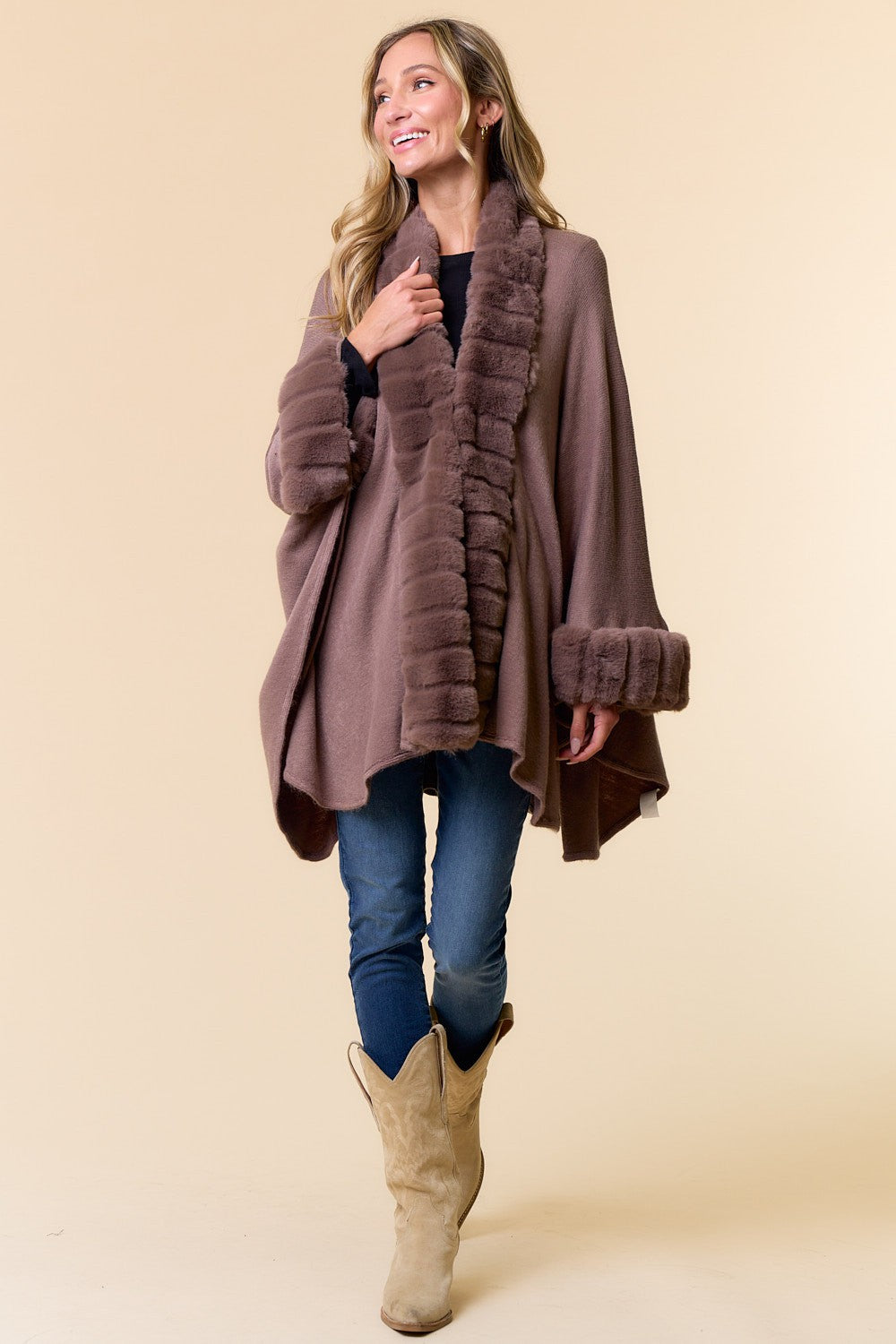 Faux Fur Trim Cape Coat in Mocha (REG)