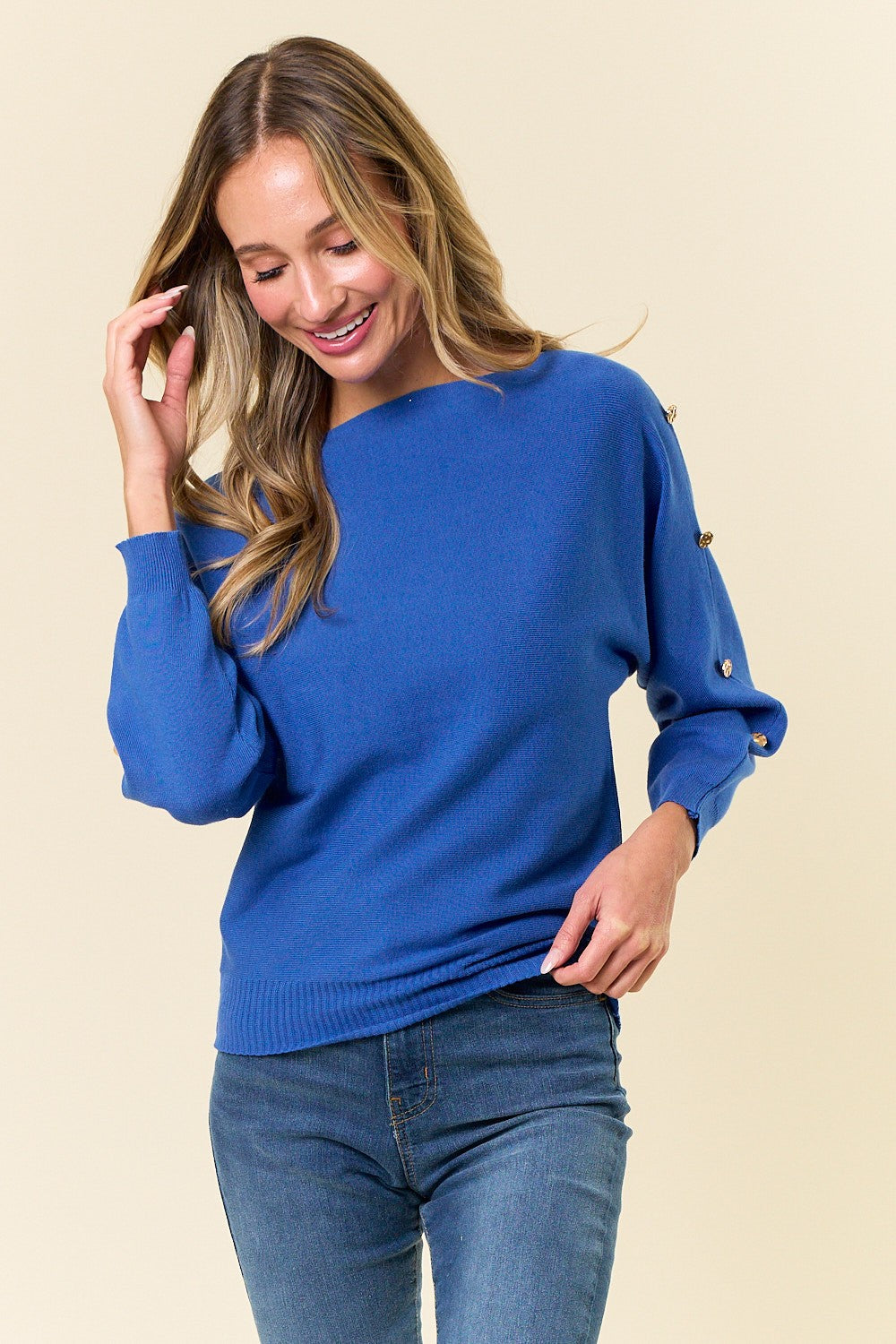 Button Sleeve Sweater in Royal Blue (REG)