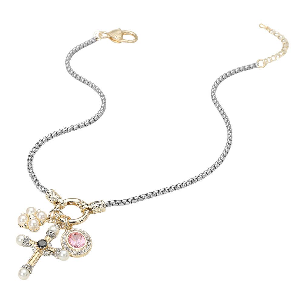 14K Plated  CZ Pearl Cross Charm Necklace