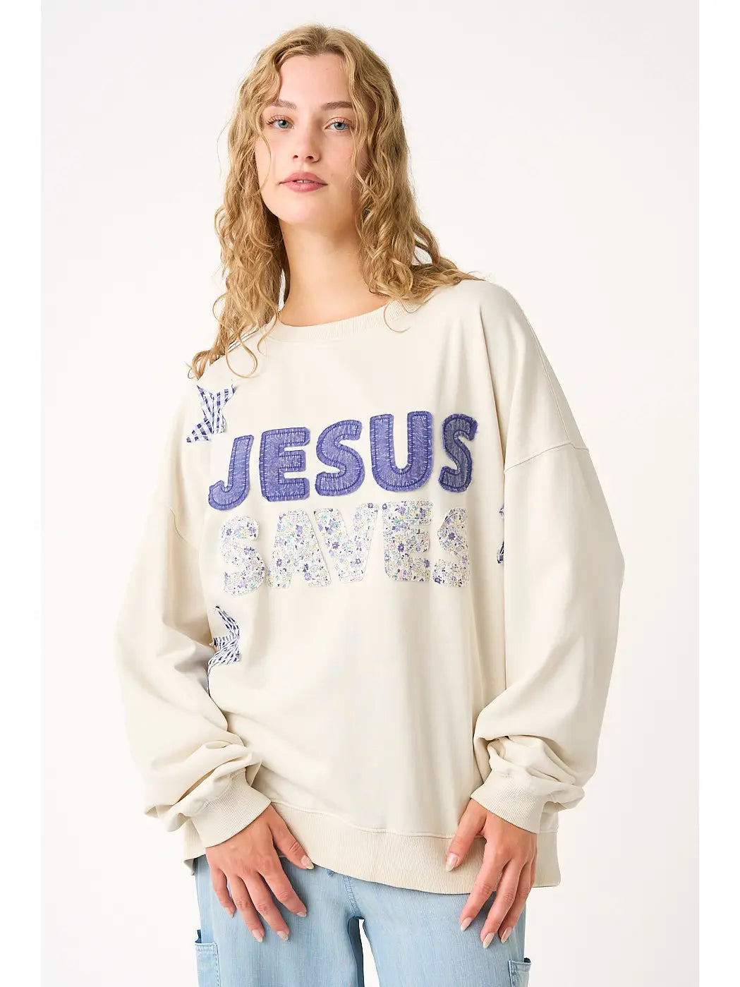 Jesus Saves Patchwork Sweatshirt in Oat (REG)