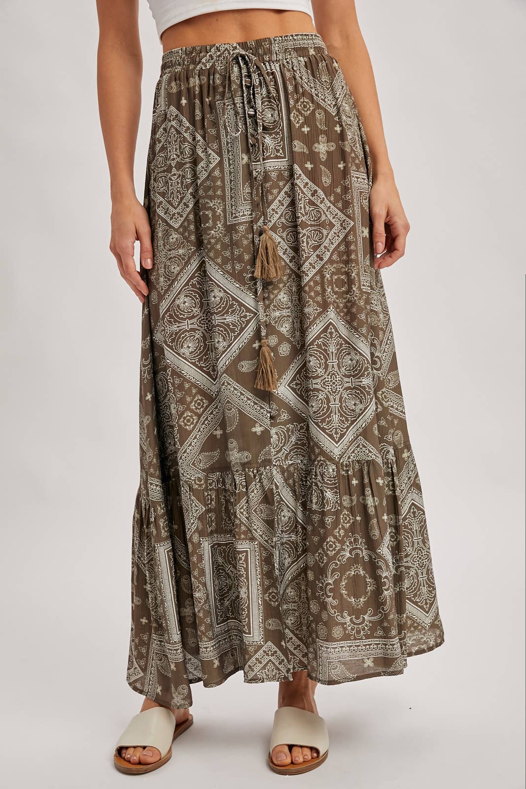 Boho Print Tiered Maxi Skirt in Mocha (REG)