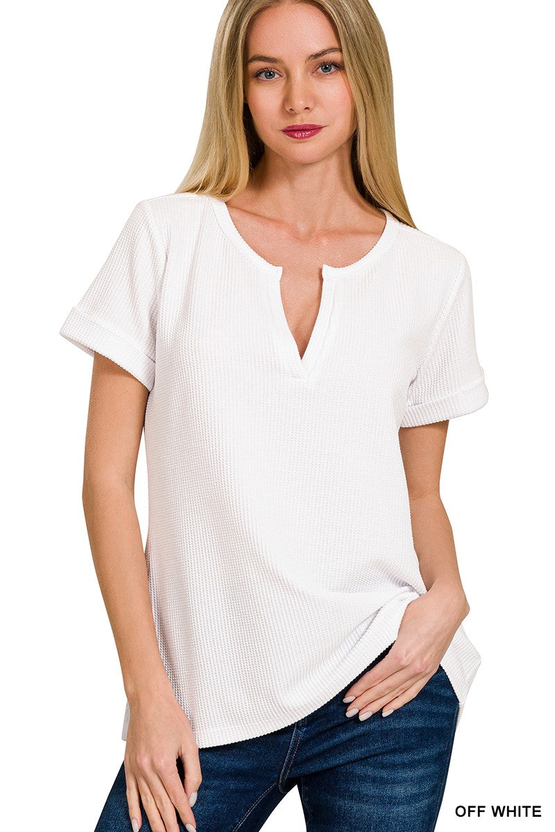 Melage Waffle Henley Top in Off White (REG)