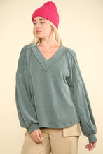 Two Tone Ribbed V-Neck Top in Moss (REG)