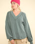 Two Tone Ribbed V-Neck Top in Moss (REG)