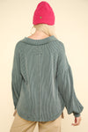 Two Tone Ribbed V-Neck Top in Moss (REG)