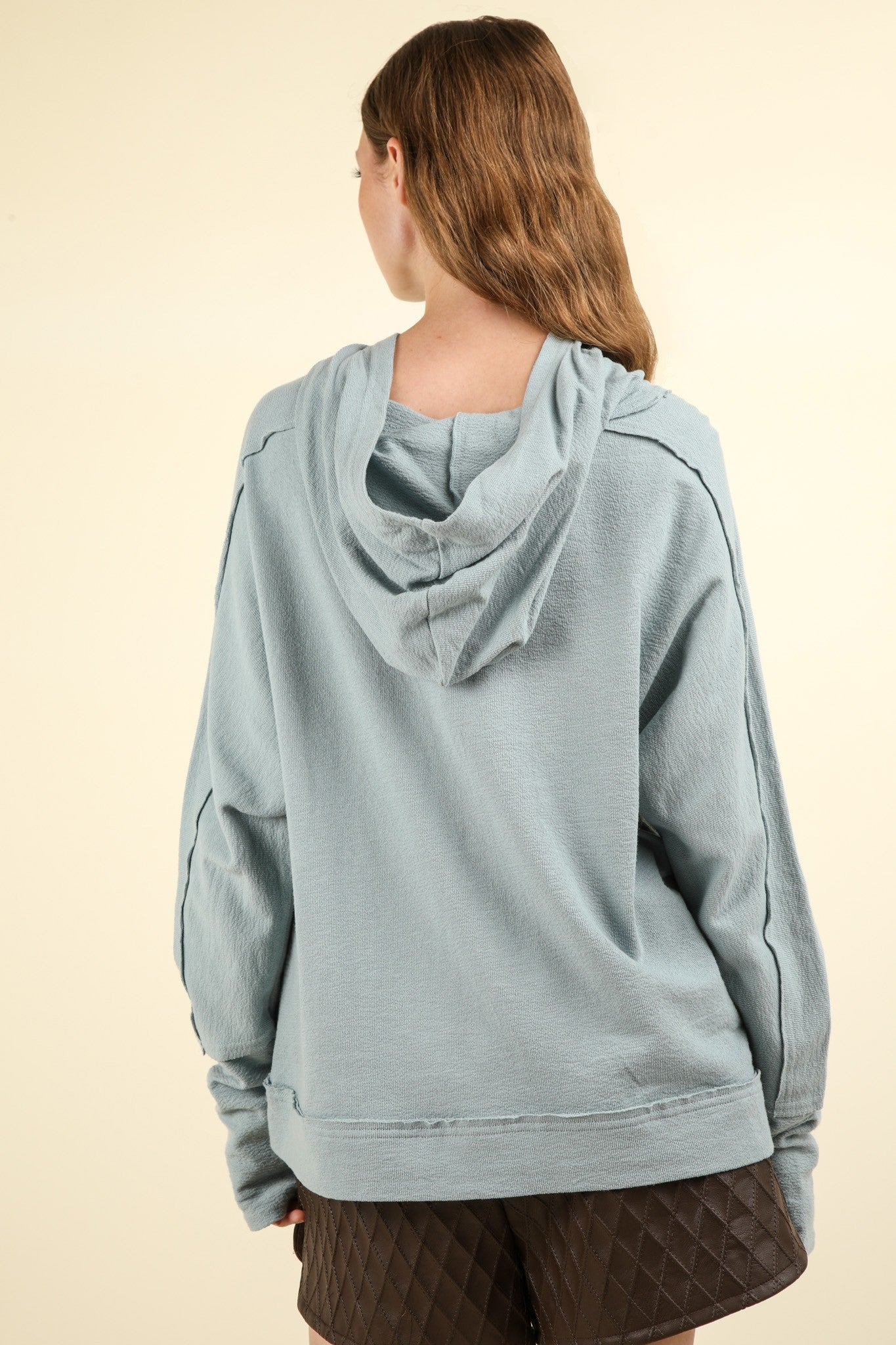 Raw Edge Hoodie Top in Denim Blue (REG)