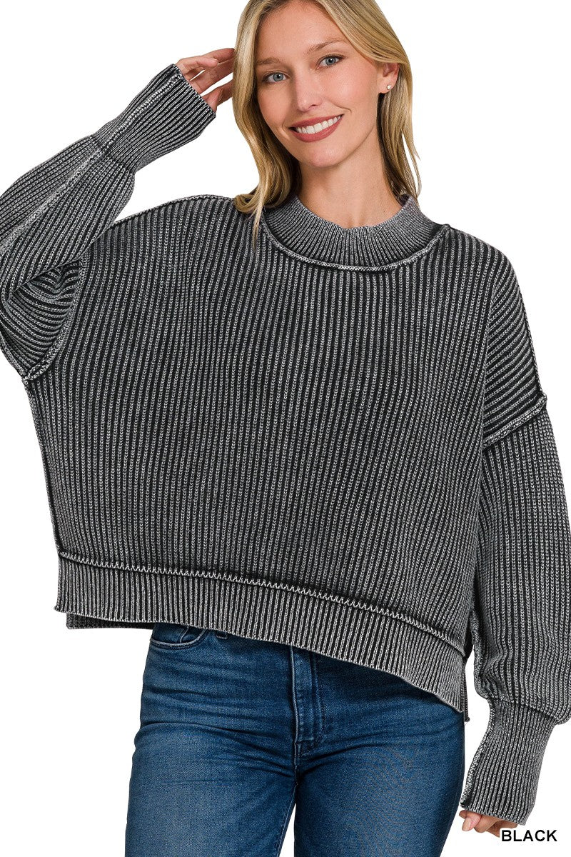 Washed Side Slit Sweater in Black (REG)