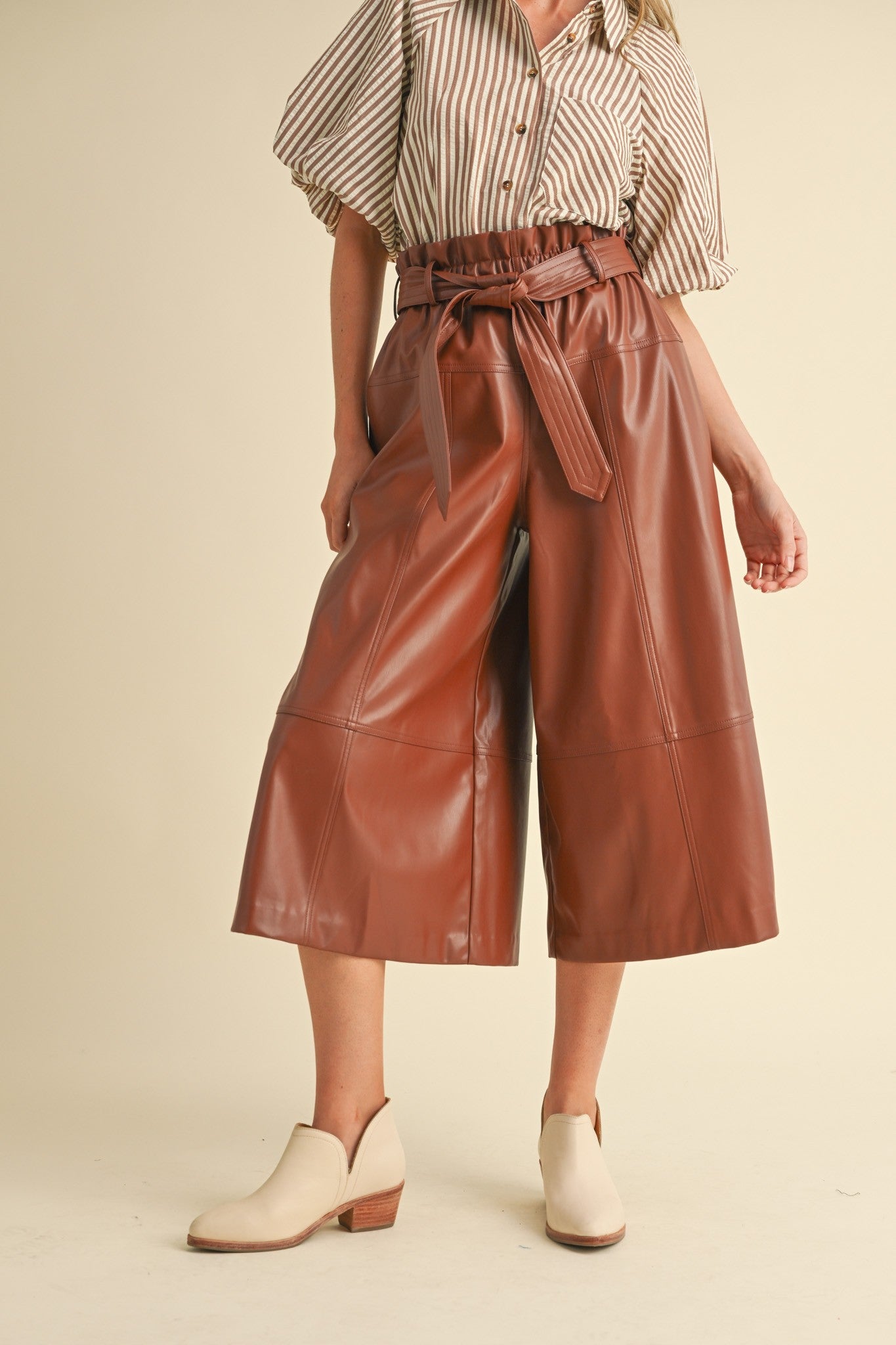 Faux Leather Belted Culotte Pants