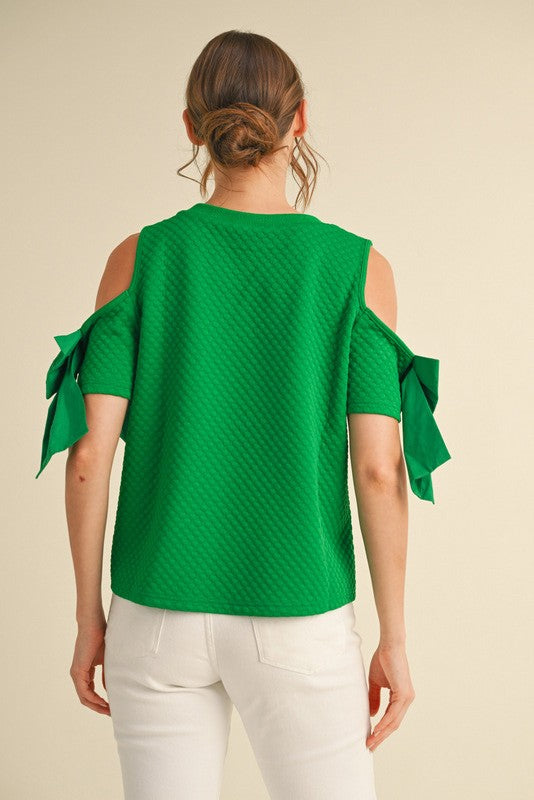 Textured Bow Sleeve Top in Green (REG)