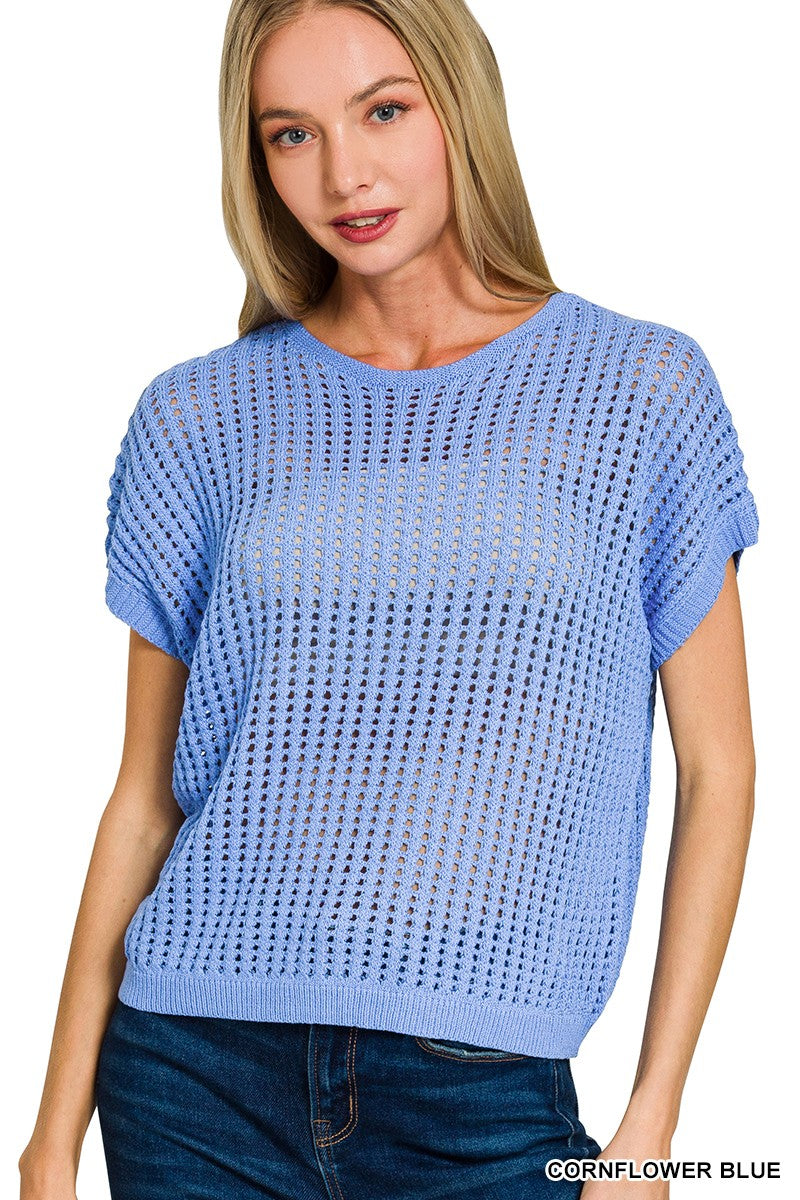 Hollow Crochet Sweater in Cornflower (REG)