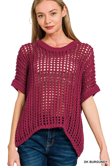 Fish Net Crochet Sweater in Burgundy (REG)
