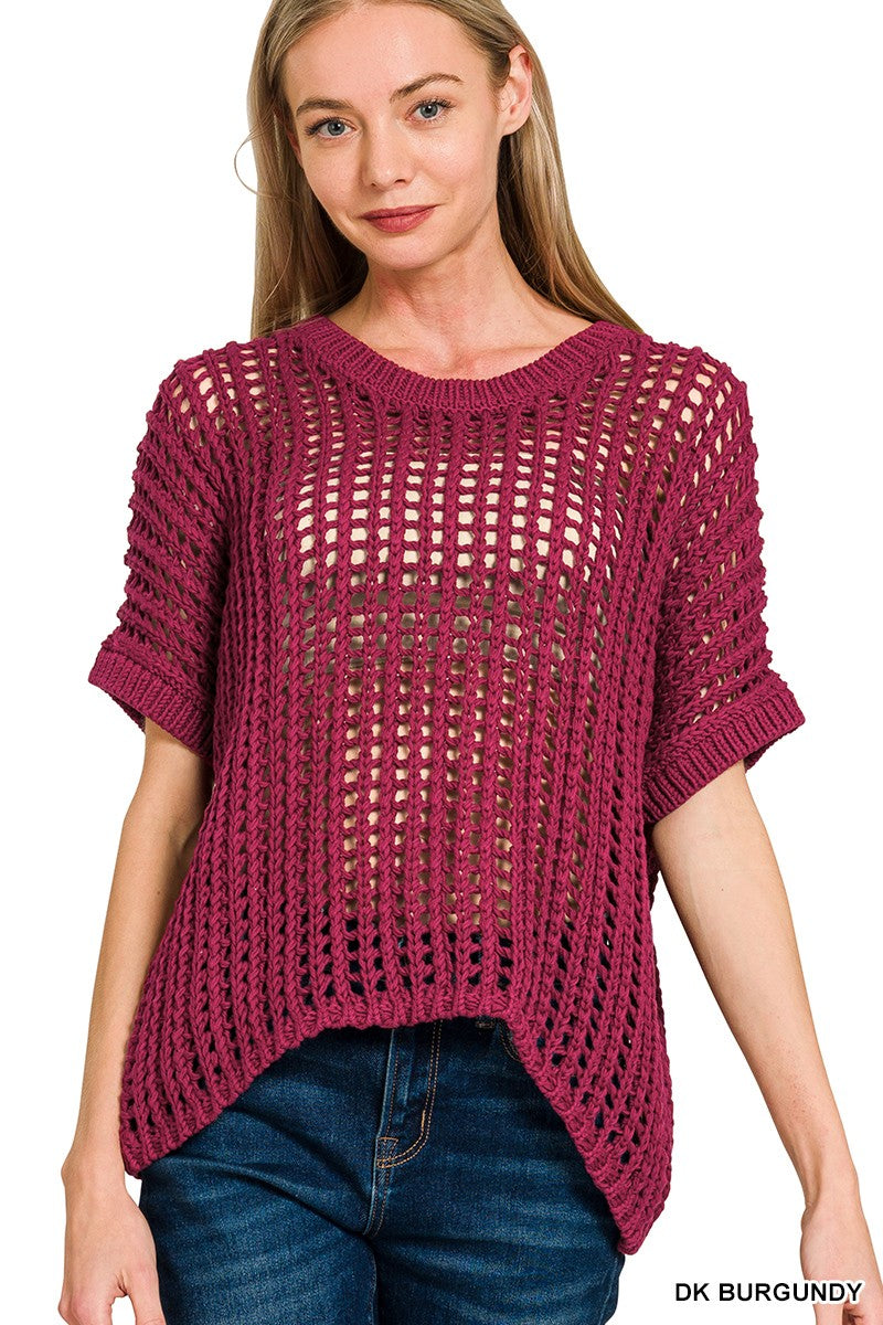 Fish Net Crochet Sweater in Burgundy (REG)