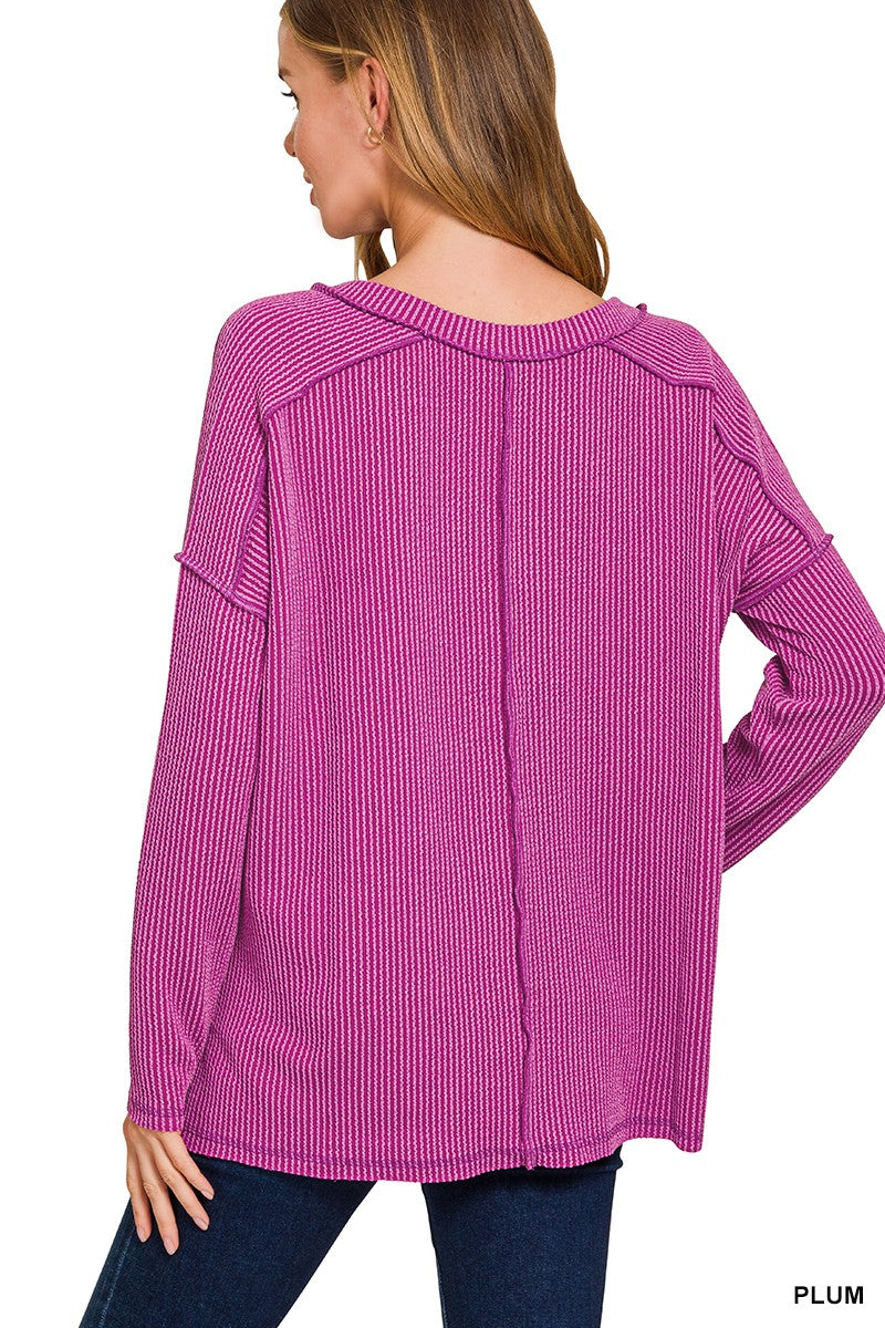 Ribbed V-Neck Top in Plum (REG)