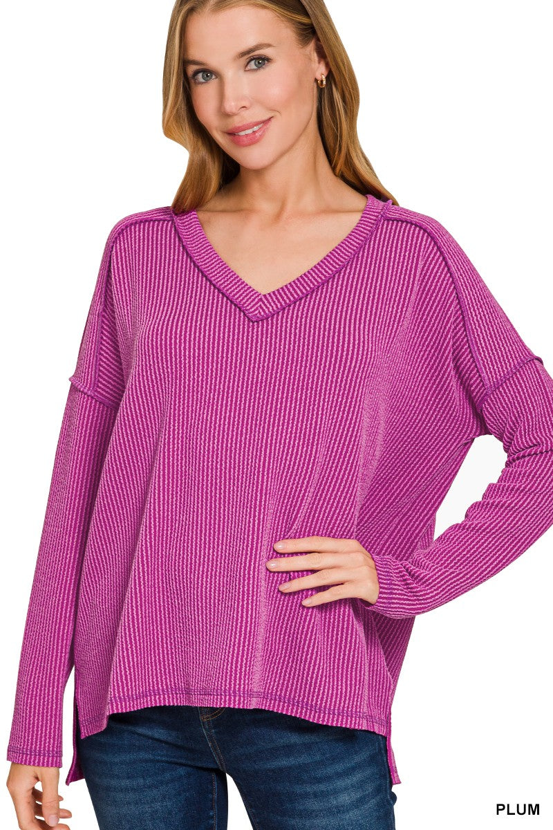 Ribbed V-Neck Top in Plum (REG)