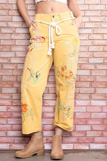 Embroidered Floral Pants in Mustard (REG)