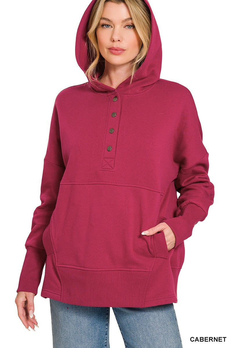 Half Button Fleece Hoodie in Cabernet (REG)