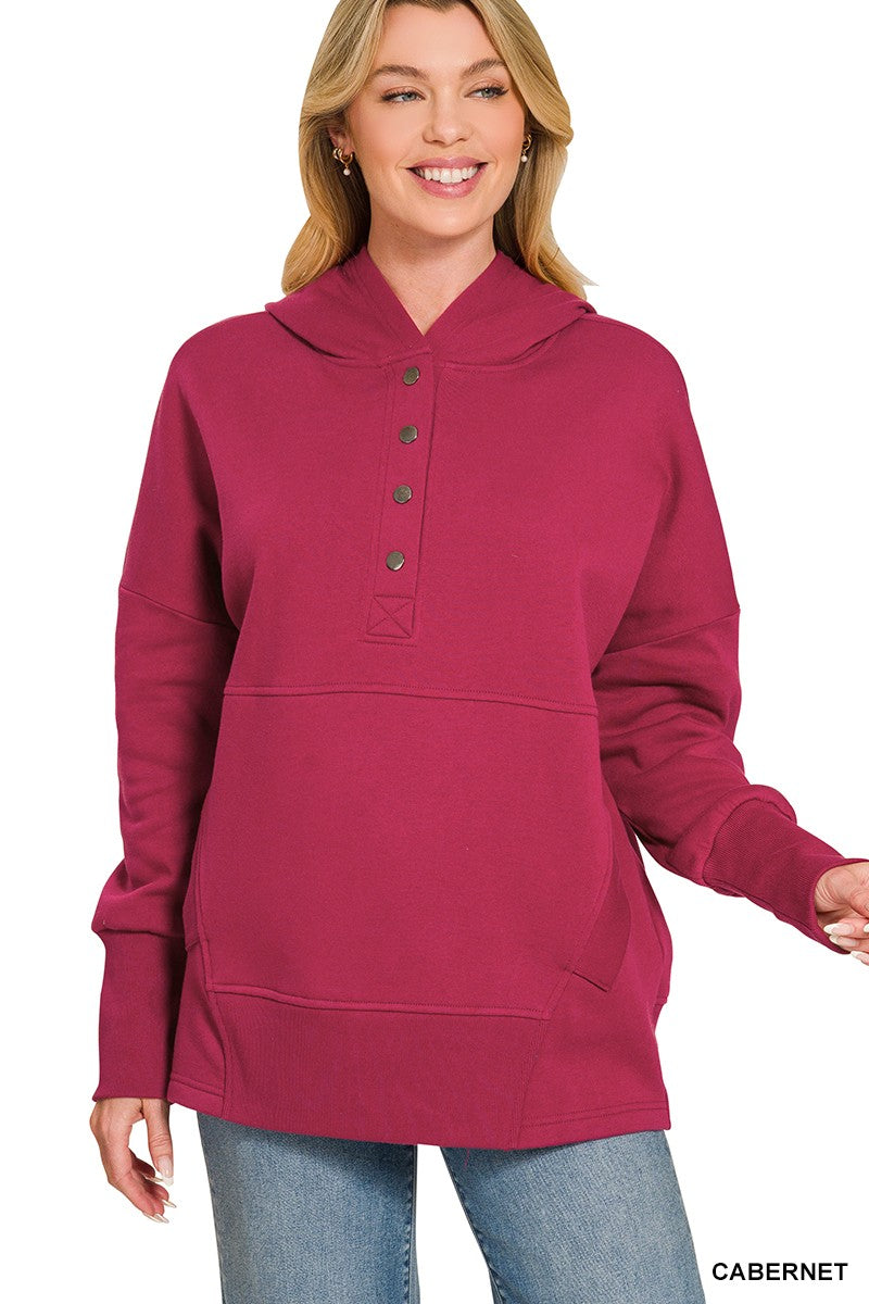 Half Button Fleece Hoodie in Cabernet (REG)
