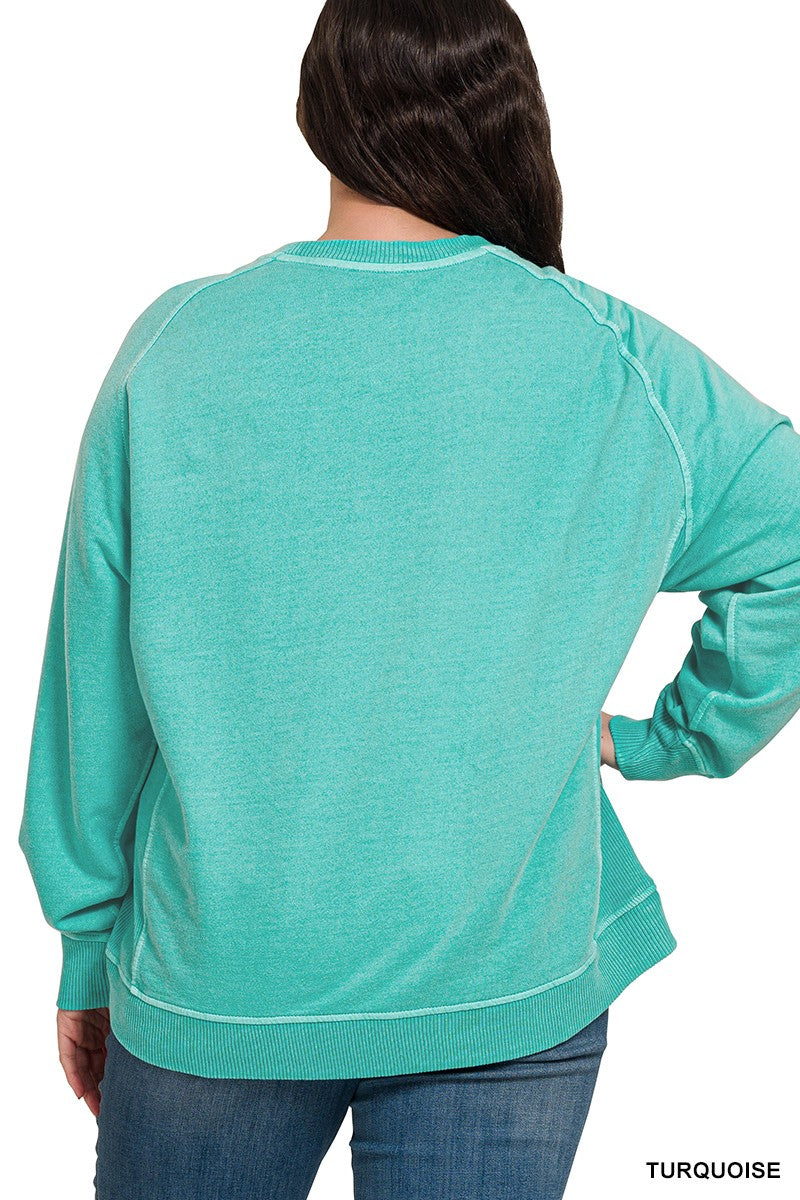 Washed Terry Pullover Top in Turquoise (PLUS)