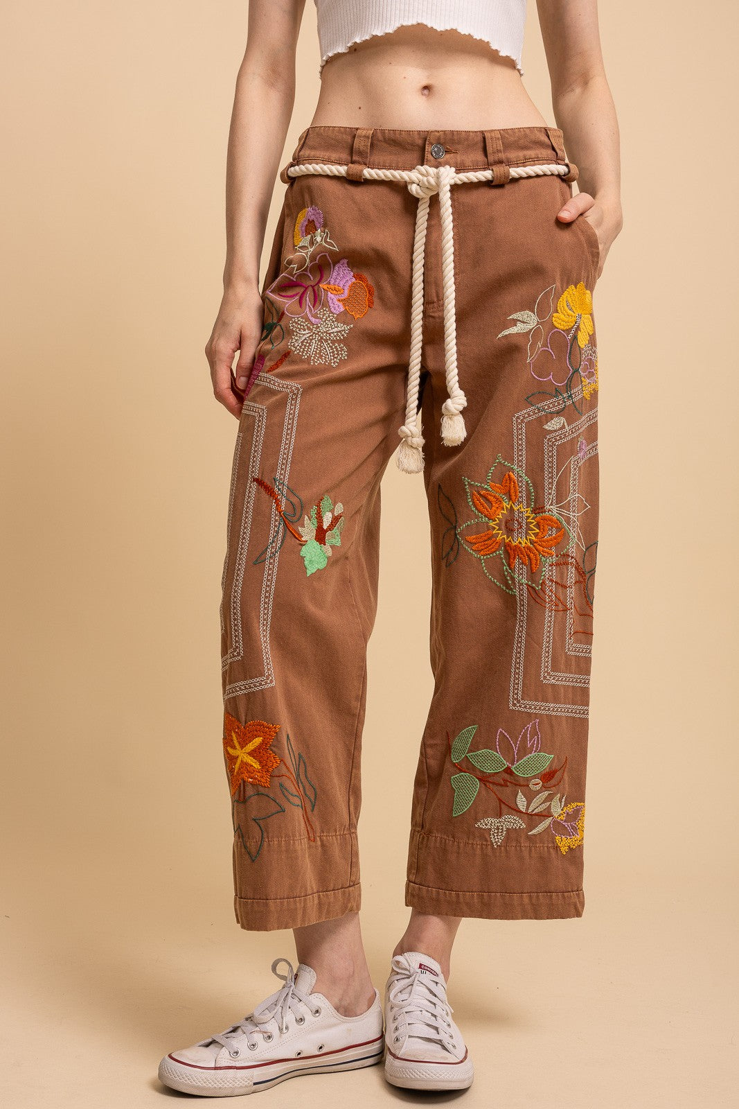 Embroidered Floral Pants in Brick (REG)