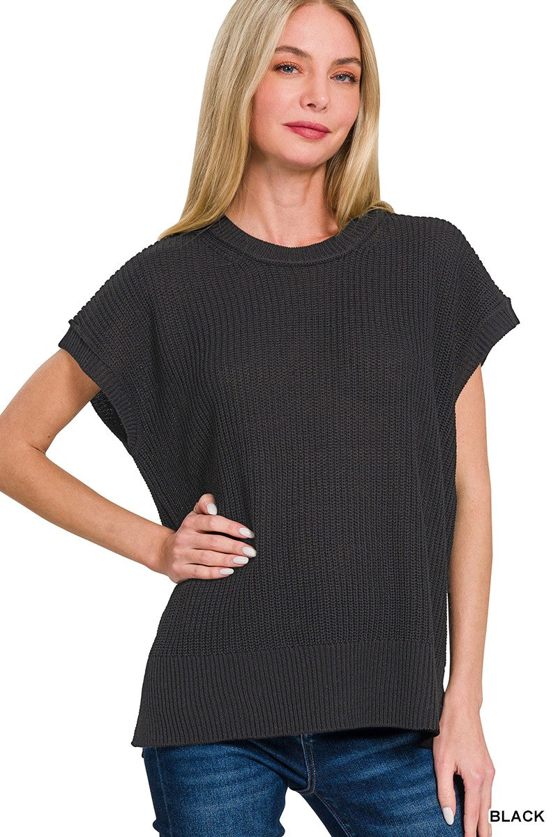 Ribbed Short Sleeve Sweater in Black (REG)