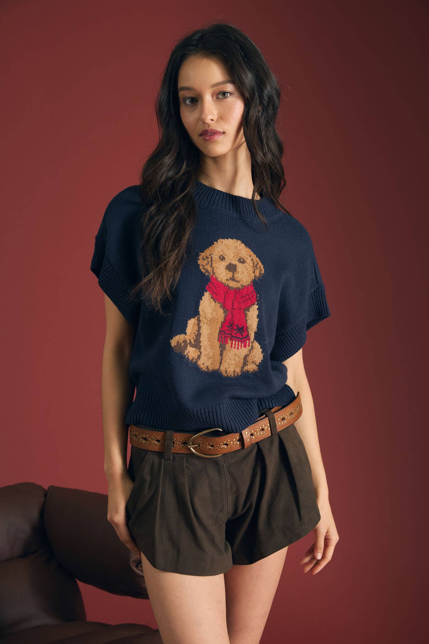 Puppy Scarf Sweater in Navy (REG)