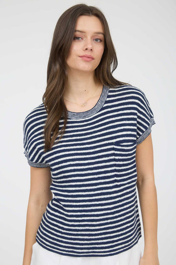 Striped Pullover Pocket Sweater in Navy (REG)
