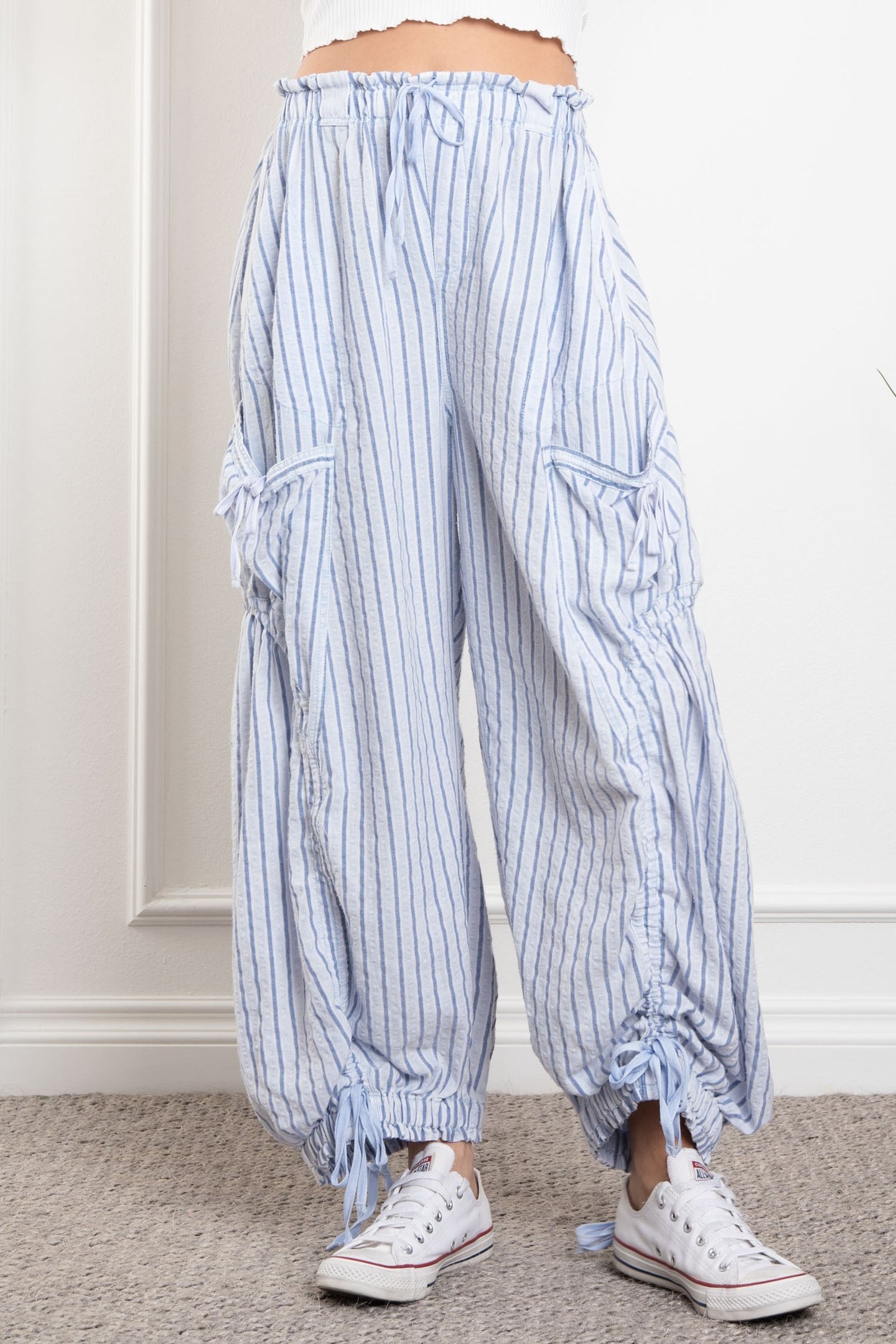 Striped Cargo Drawstring Pants in Denim (REG)