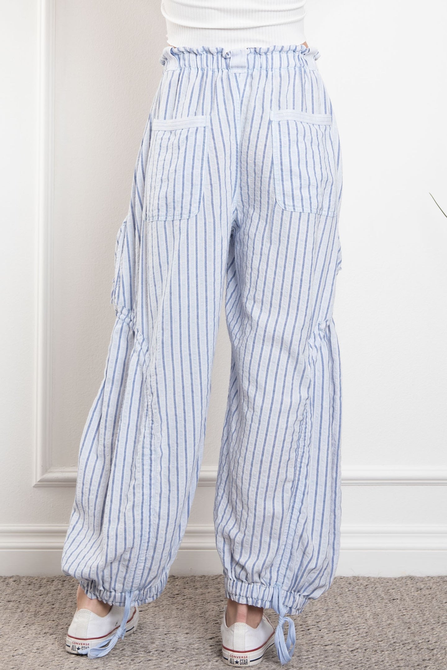 Striped Cargo Drawstring Pants in Denim (REG)