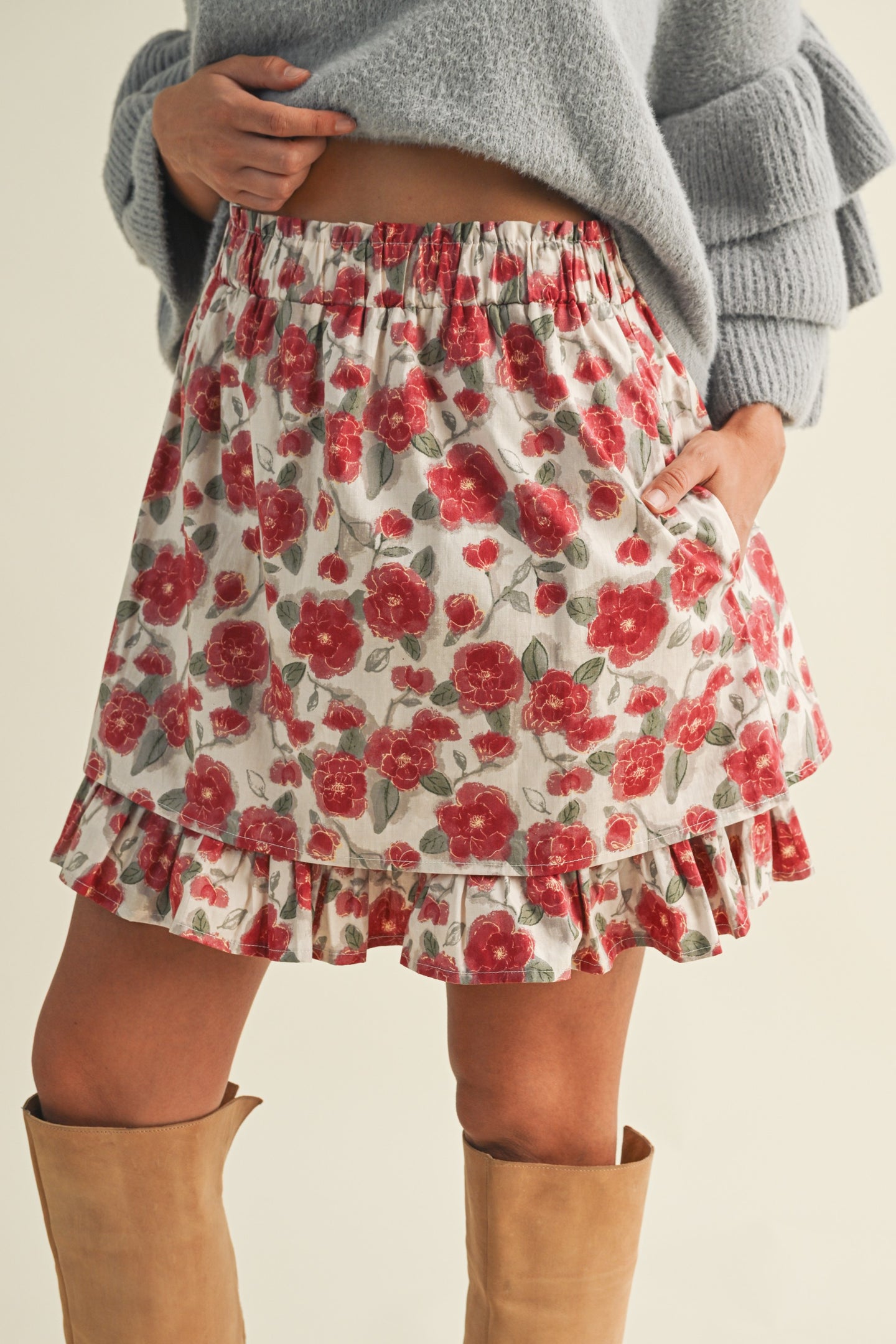 Ruffle Hem Floral Mini Skirt in Rose (REG)