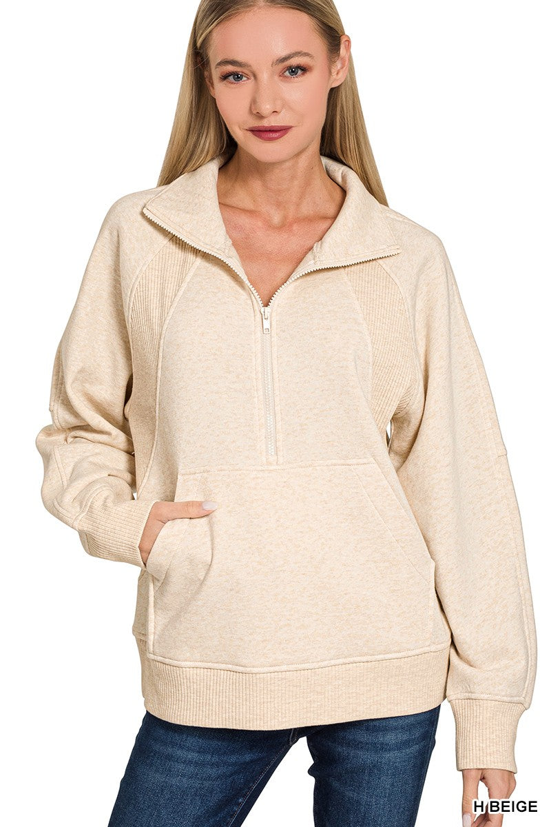 Half Zip Fleece Pullover Top in Beige (REG)