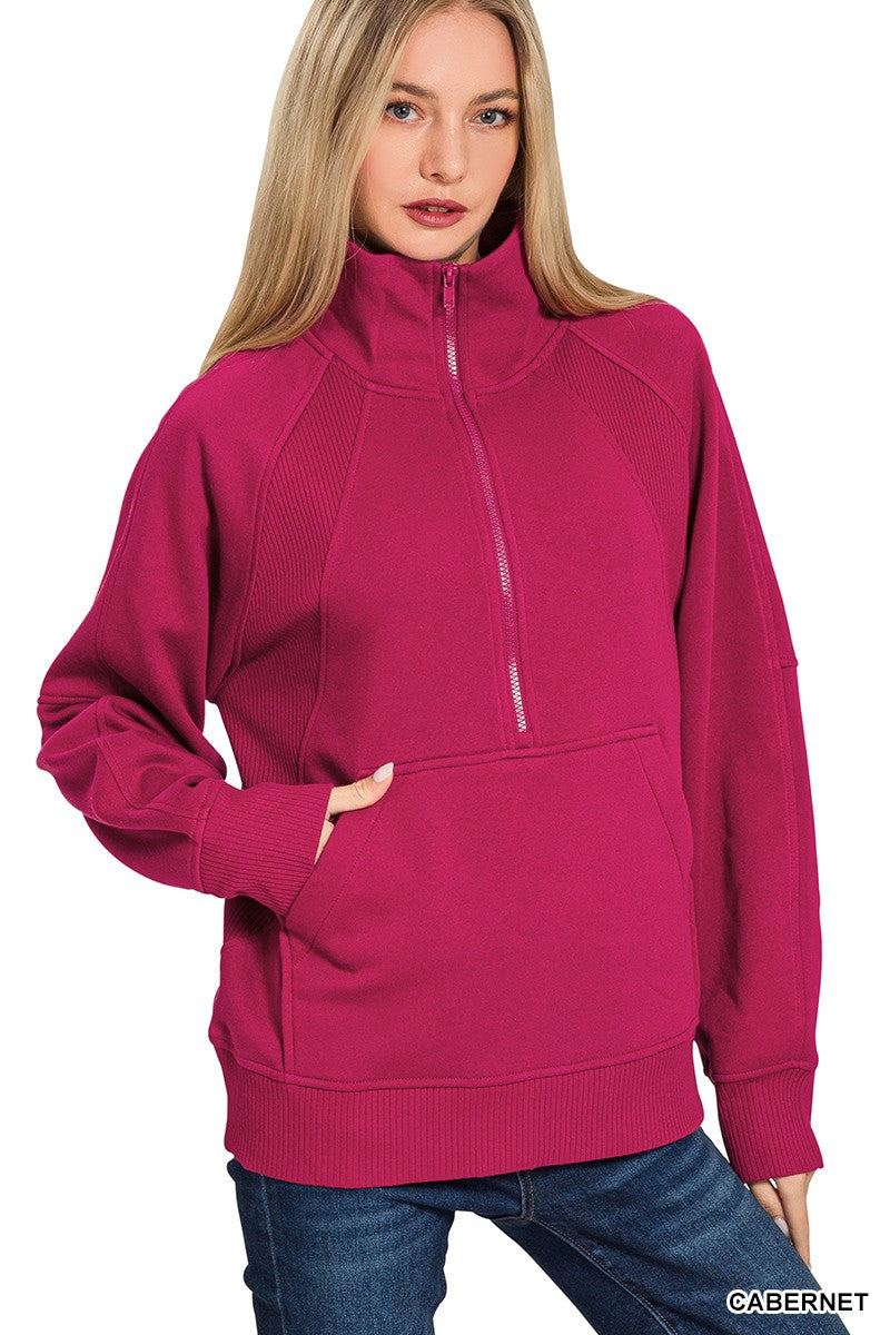 Half Zip Fleece Pullover Top in Cabernet (REG)