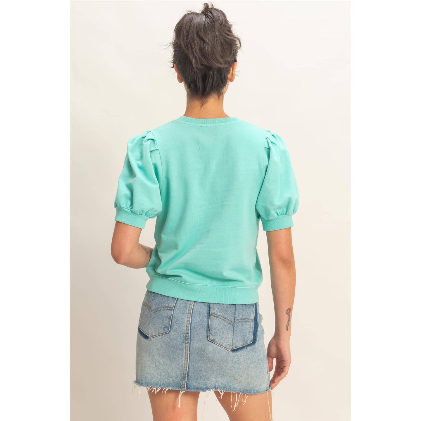 Turquoise Puff Sleeve V-Stitch Top (REG)