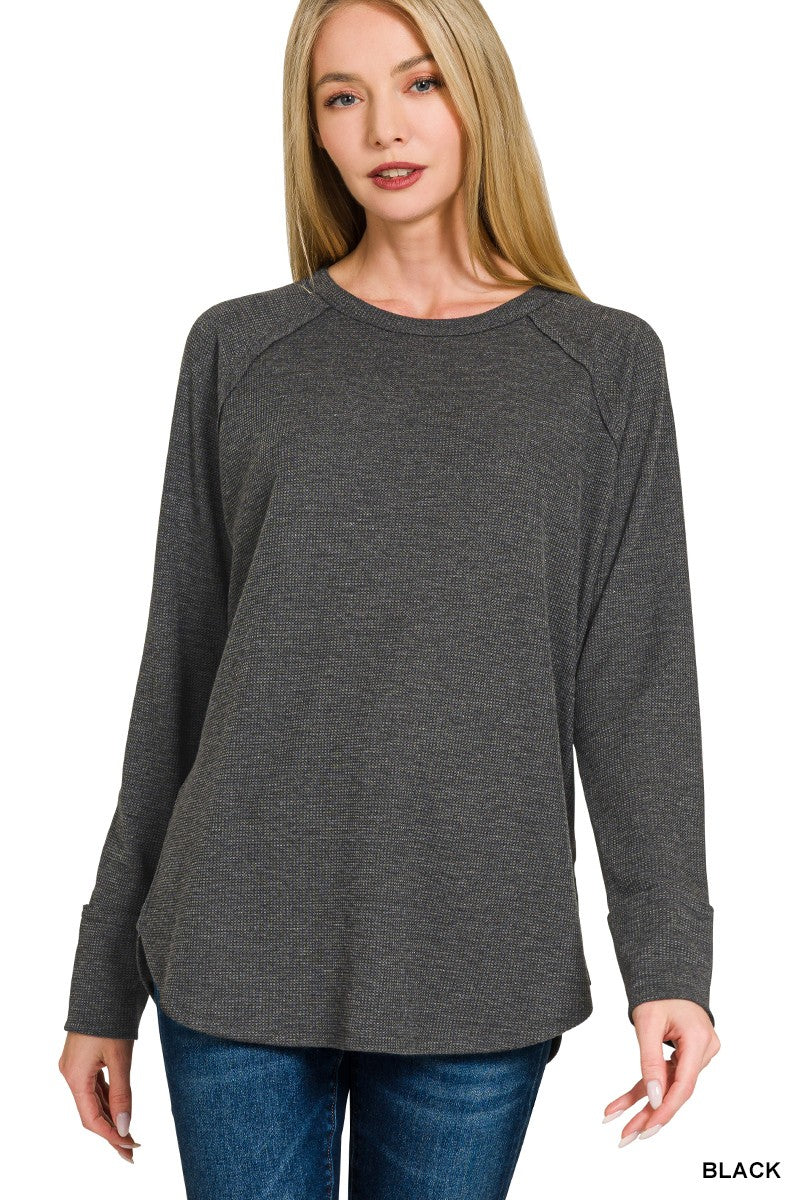 Mini Waffle Long Sleeve Top in Black (REG/PLUS)