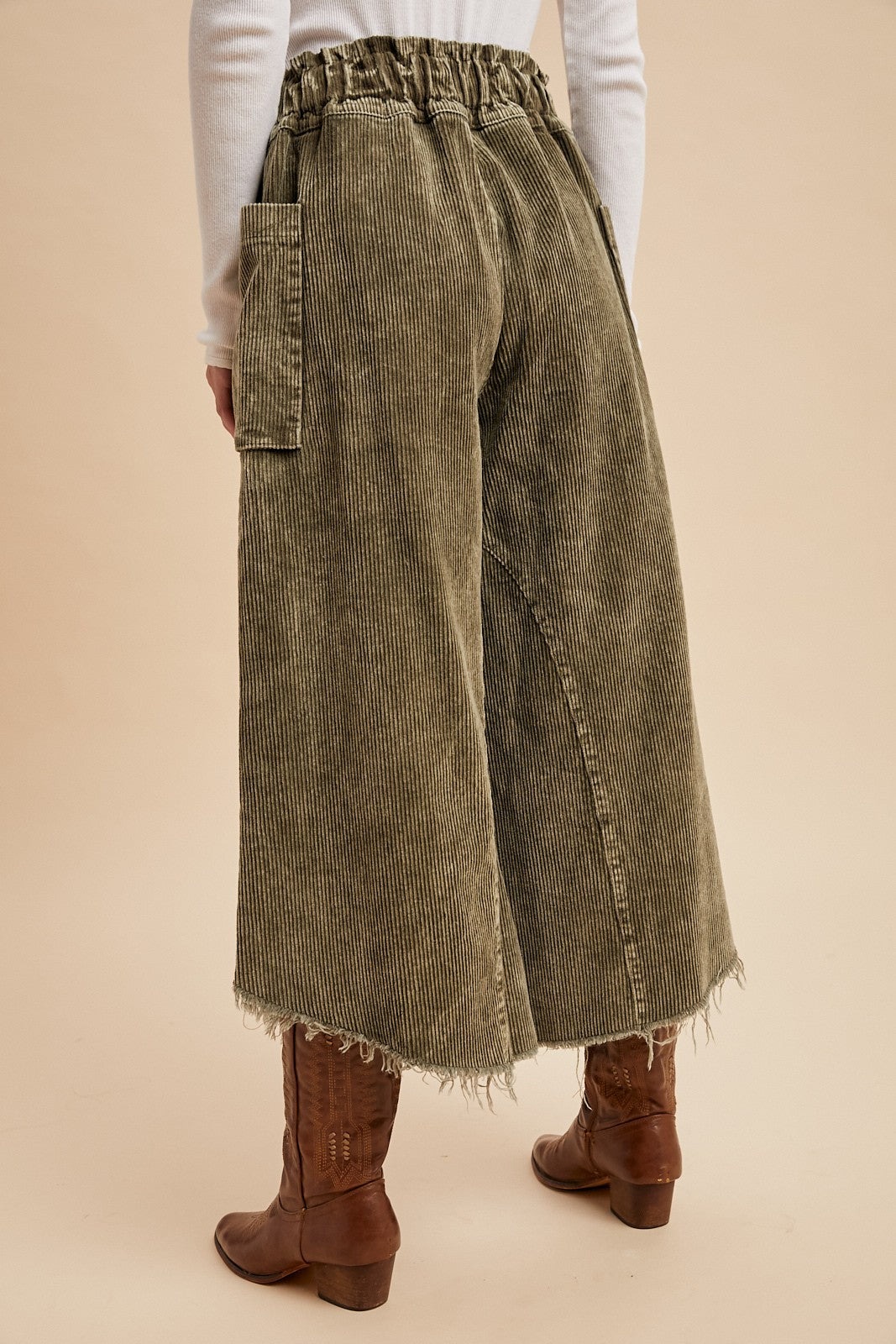 Frayed Corduroy Wide Leg Pants in Olive (REG)
