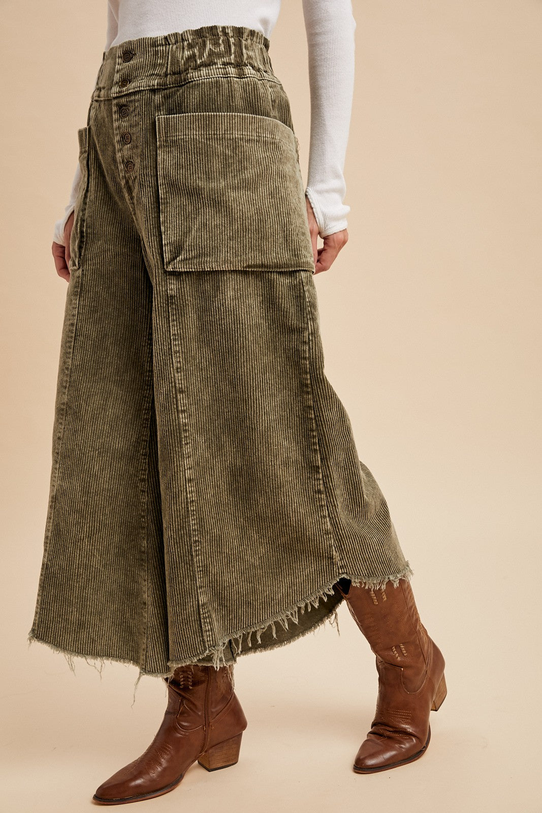Frayed Corduroy Wide Leg Pants in Olive (REG)