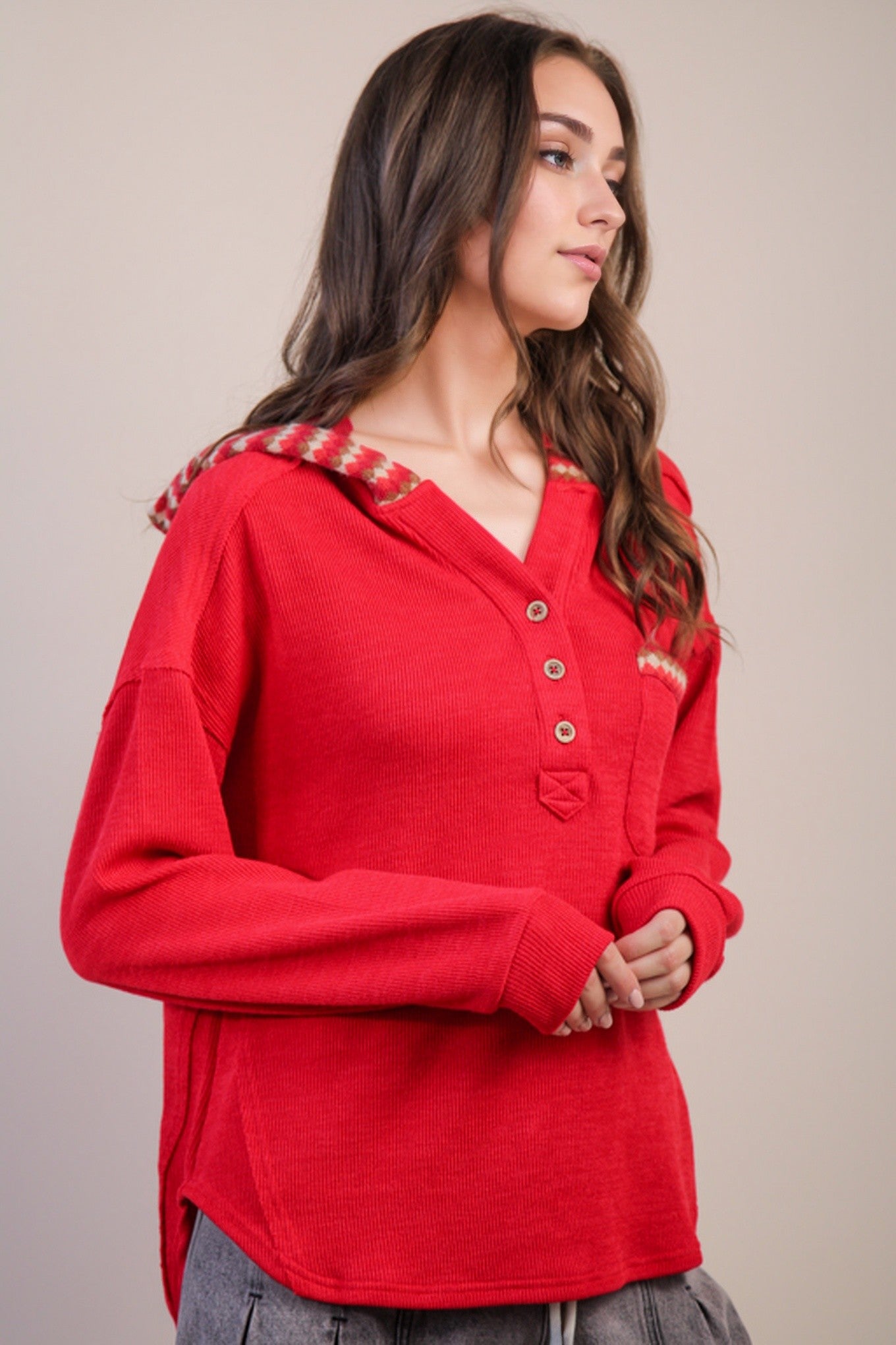 Door Buster * Contrast Hoodie Top in Red (REG/PLUS)