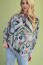 Printed Mandarin Blouse Top in Navy (REG)