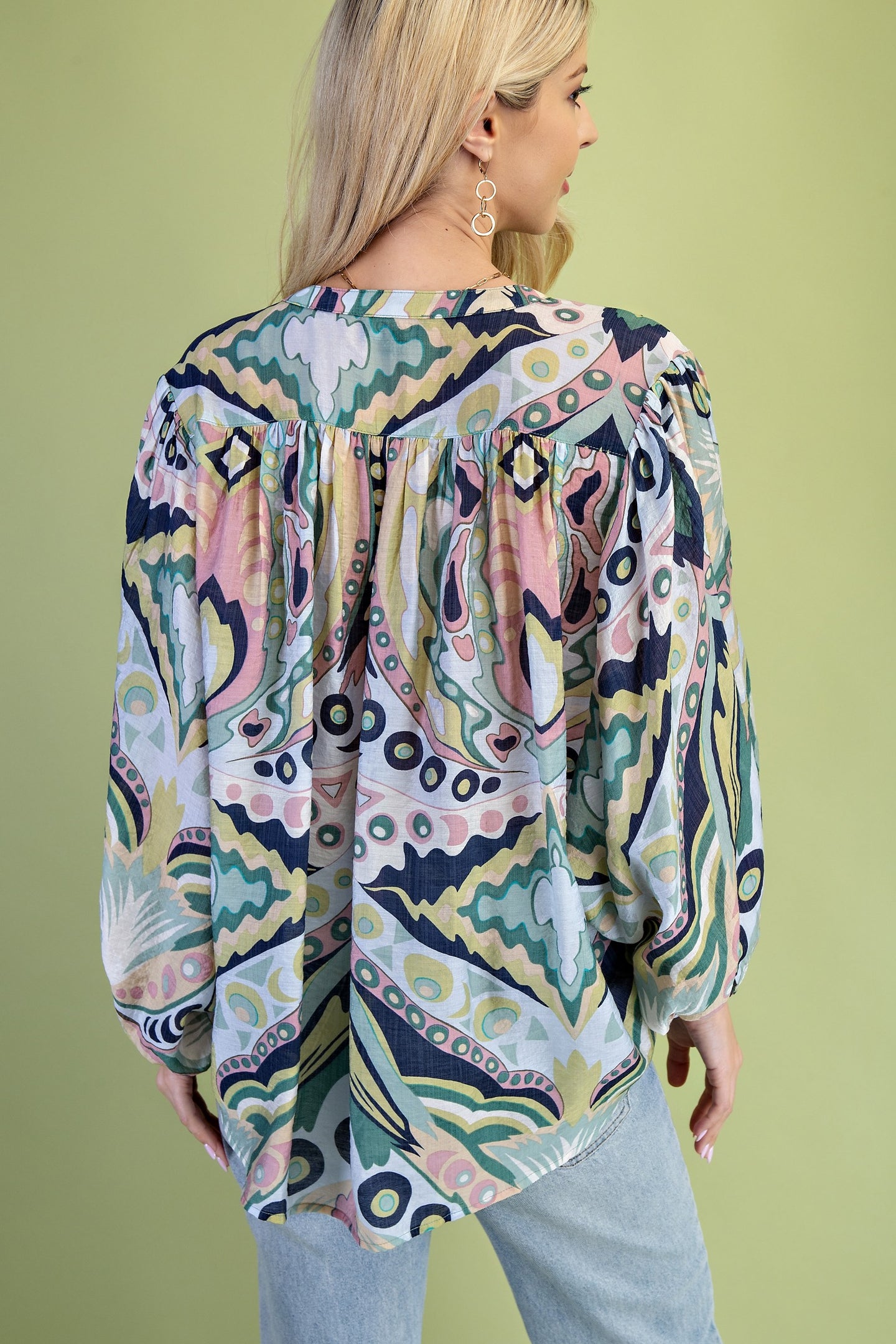 Printed Mandarin Blouse Top in Navy (REG)