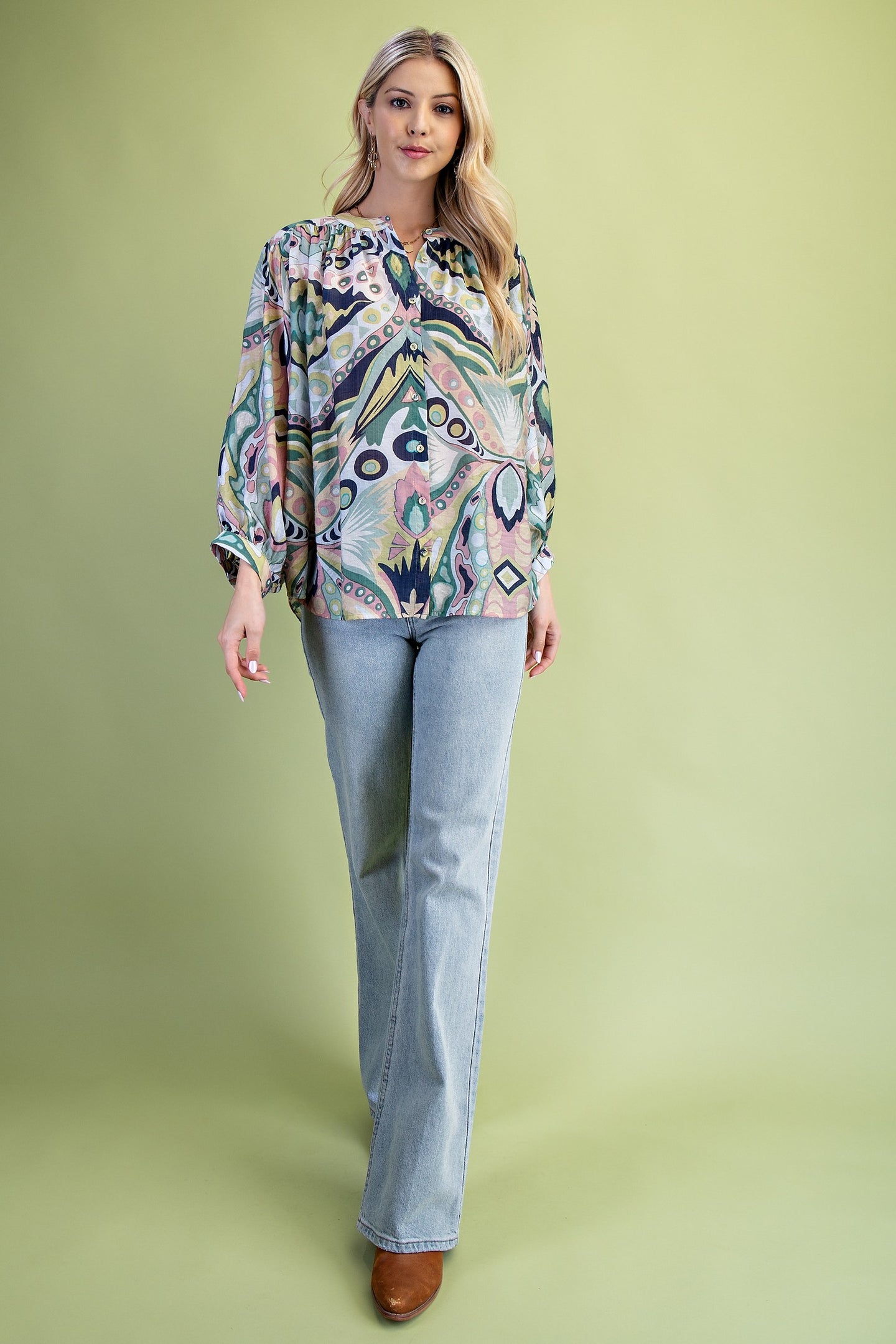 Printed Mandarin Blouse Top in Navy (REG)