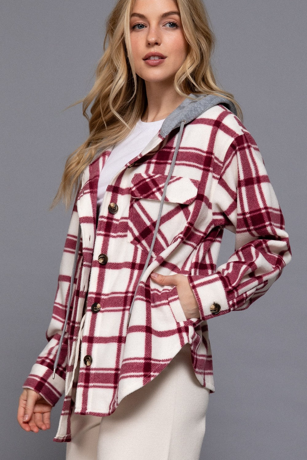 Fleece Plaid Hooded Jacket in Wine (REG)