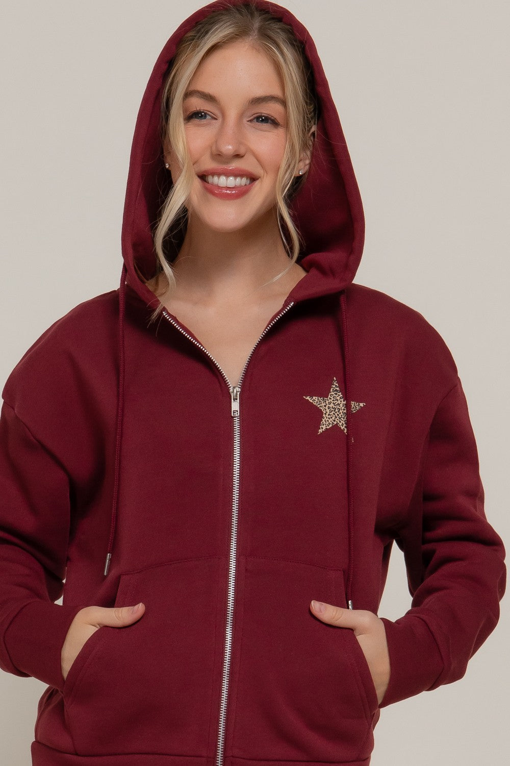 Cheetah Star Zip Up Hoodie Jacket in Burgundy (REG)