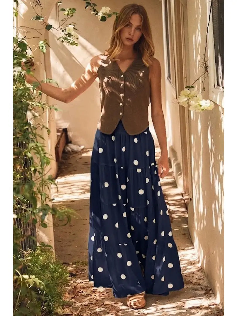 Navy Tiered Polka Dot Maxi Skirt (REG)