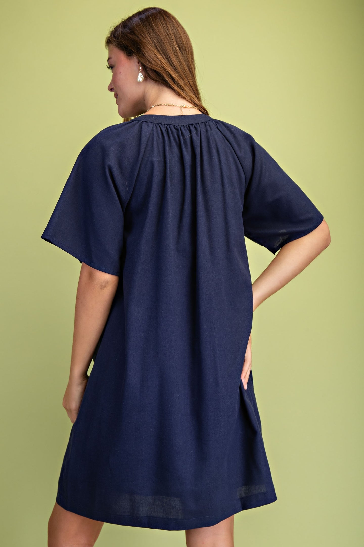 Embroidered V-Neck Linen Dress in Navy (REG)