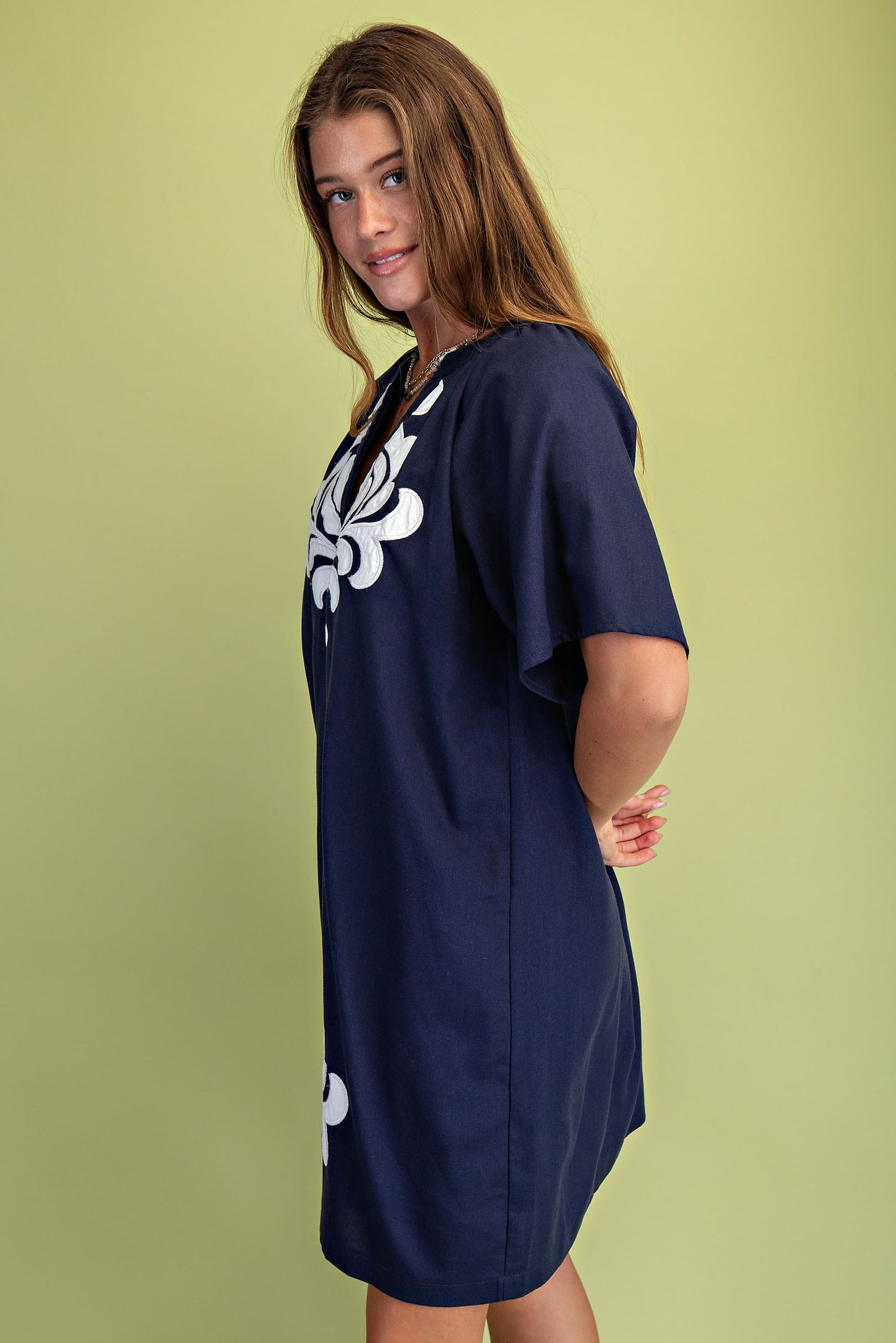 Embroidered V-Neck Linen Dress in Navy (REG)
